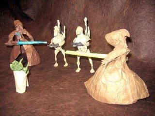 Yoda and squad facing robots