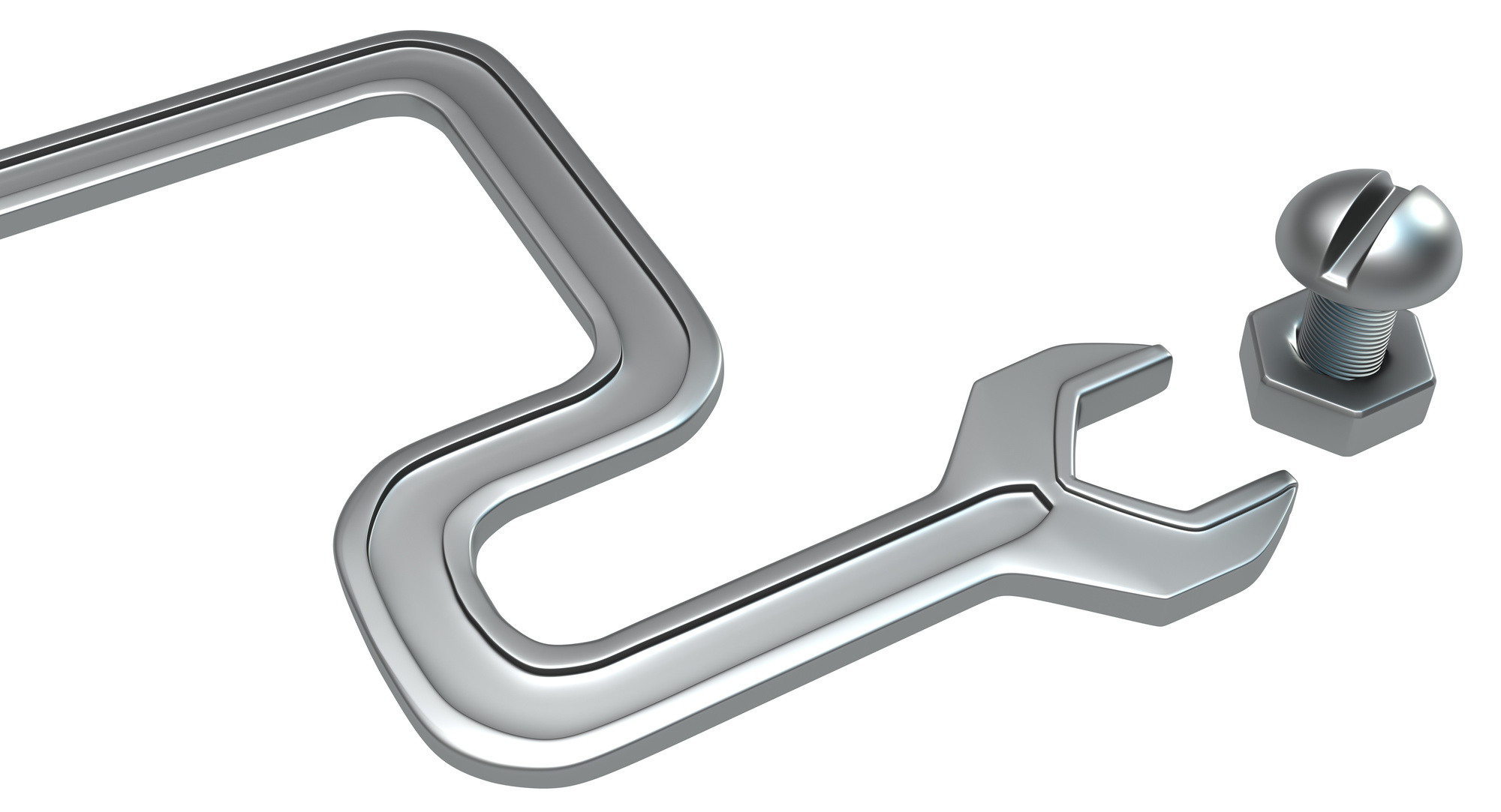 Metal spanner double curve bend with bolt isolated, 3d illustration, horizontal, over white
