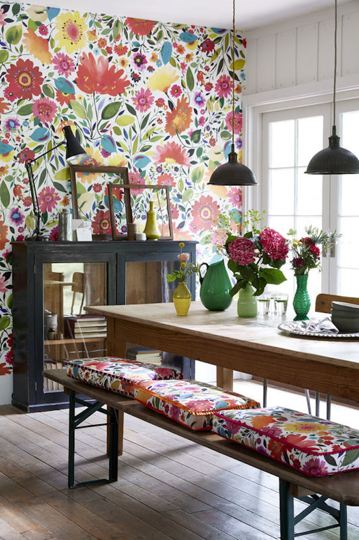 brightly colored or patterned wallpaper