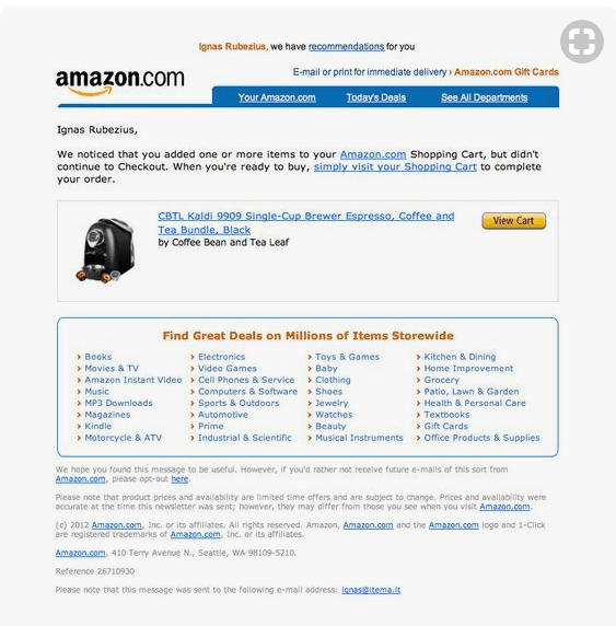 cart abandonment email template design of Amazon